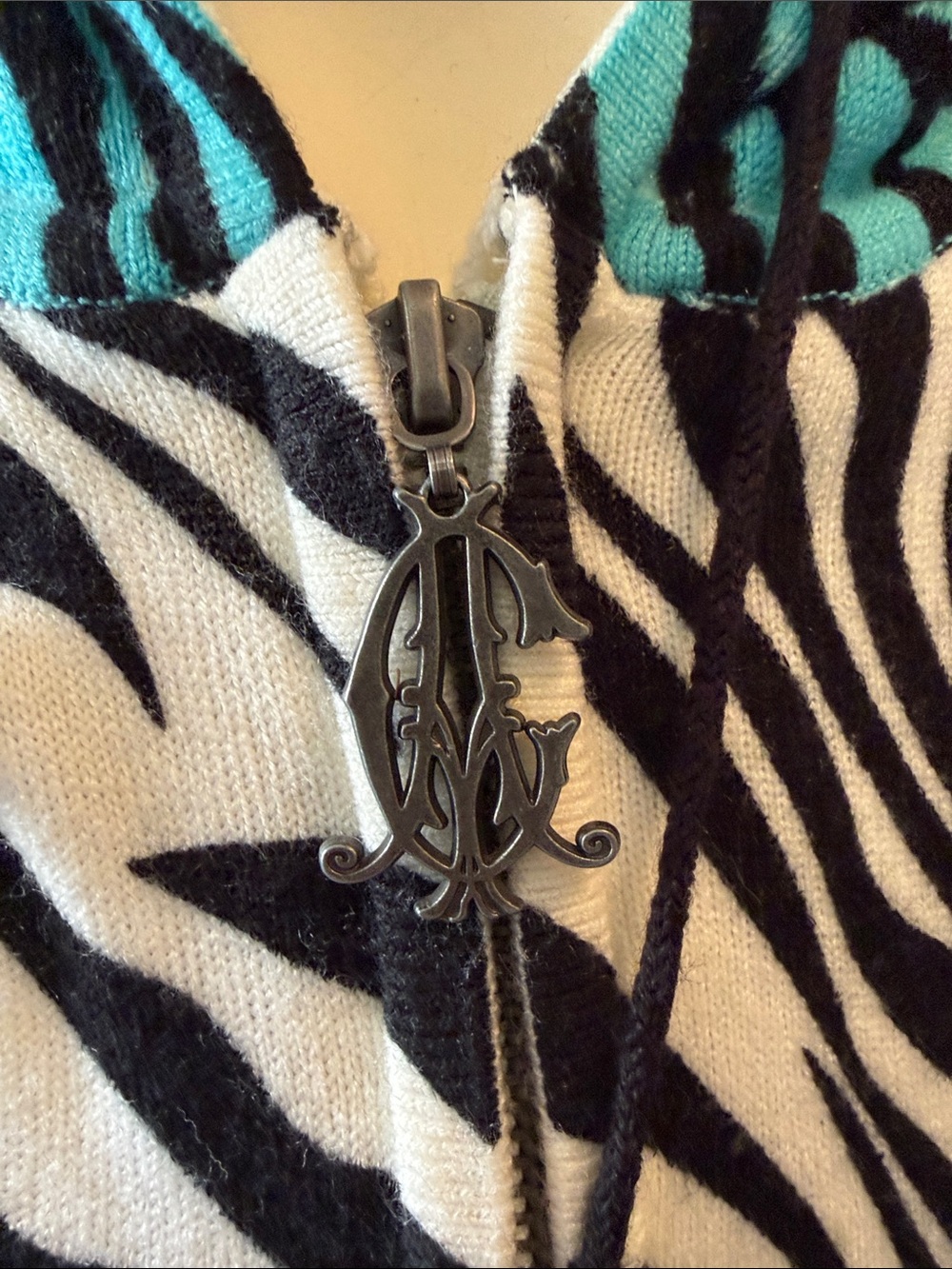 Zebra Stripe Teal & Black Zip Hoodie - Picture 3 of 6
